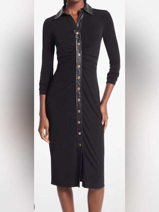 MICHAEL Michael Kors Dresses & Skirts - Michael Kors Button-Front Midi Shirt Dress with Faux Leather Trim